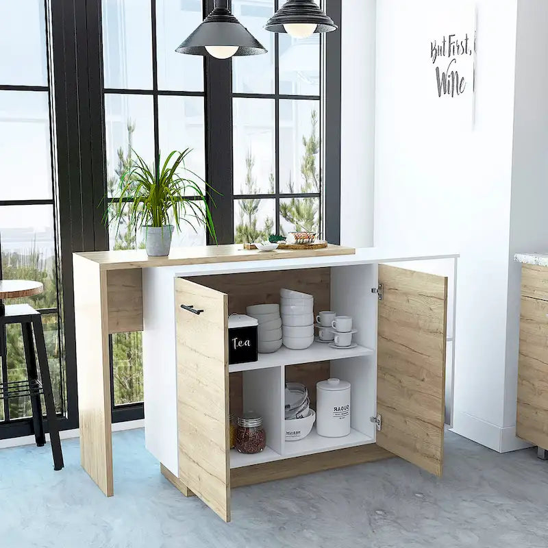 Isla de cocina con 2 estantes abiertos, gabinete de doble puerta y 3 estantes interiores