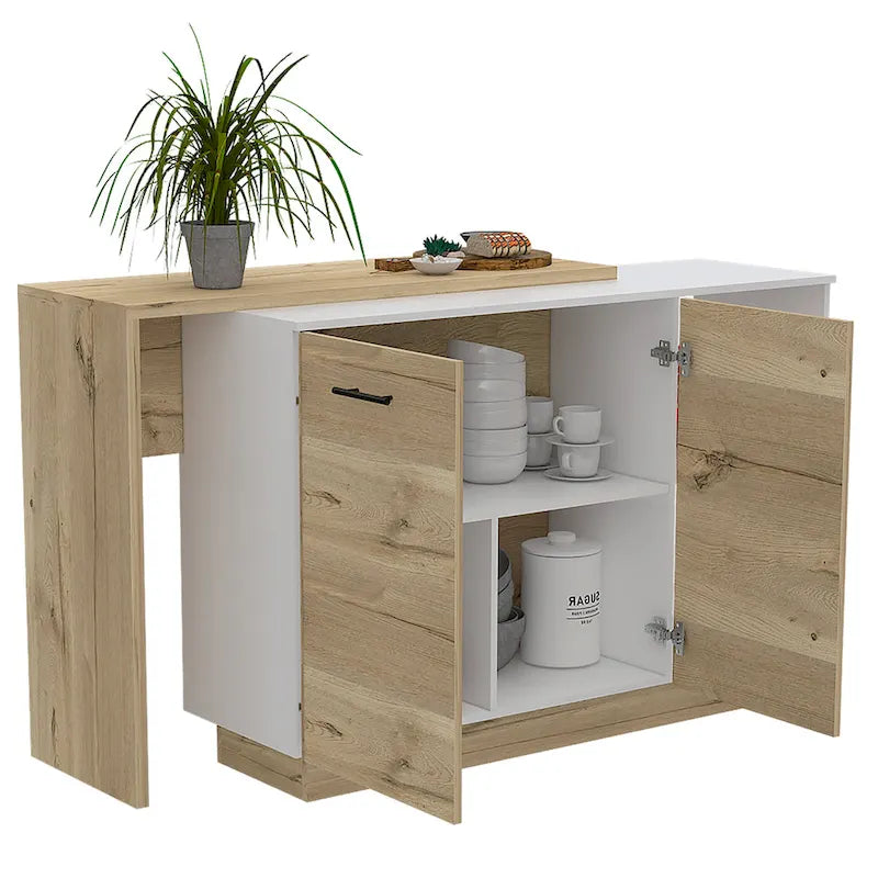 Isla de cocina con 2 estantes abiertos, gabinete de doble puerta y 3 estantes interiores
