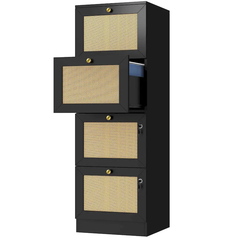 Archivador vertical de ratán de 15 pulgadas de profundidad con 4 cajones y cerradura