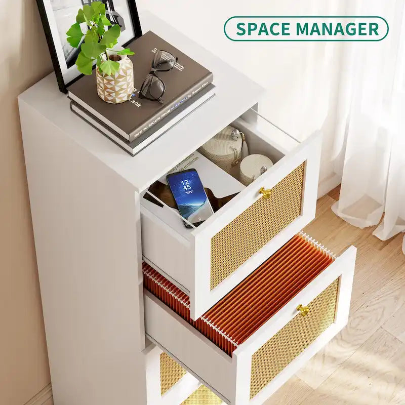 Archivador vertical de ratán de 15 pulgadas de profundidad con 4 cajones y cerradura