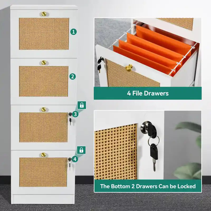 Archivador vertical de ratán de 15 pulgadas de profundidad con 4 cajones y cerradura