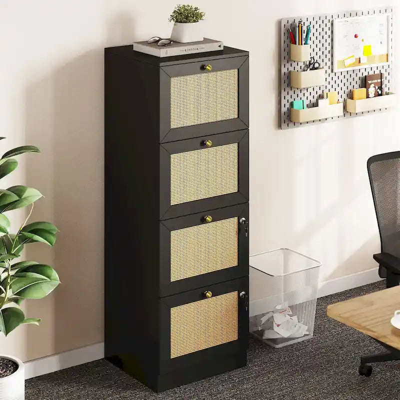Archivador vertical de ratán de 15 pulgadas de profundidad con 4 cajones y cerradura