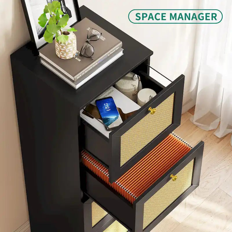 Archivador vertical de ratán de 15 pulgadas de profundidad con 4 cajones y cerradura