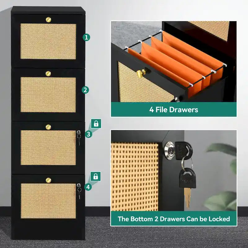 Archivador vertical de ratán de 15 pulgadas de profundidad con 4 cajones y cerradura