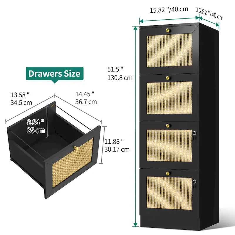 Archivador vertical de ratán de 15 pulgadas de profundidad con 4 cajones y cerradura