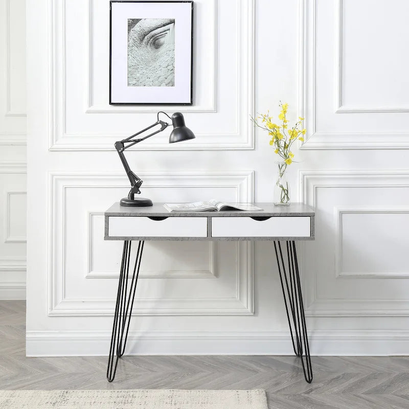 Escritorio gris de oficina en casa Mid-Century Modern con 2 cajones