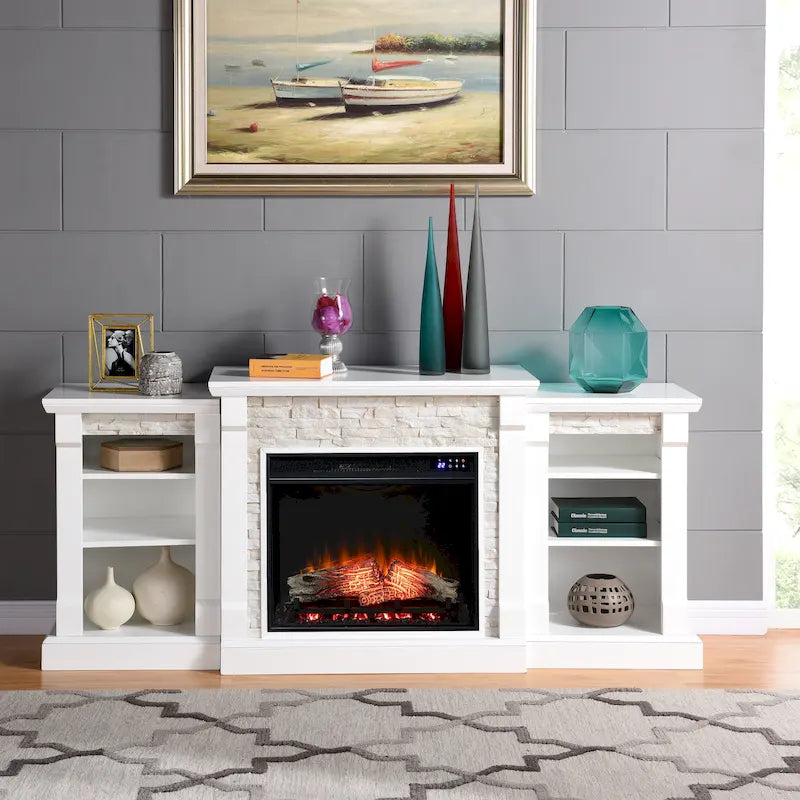 Chimenea eléctrica LED con control remoto, repisa de piedra blanca y almacenamiento