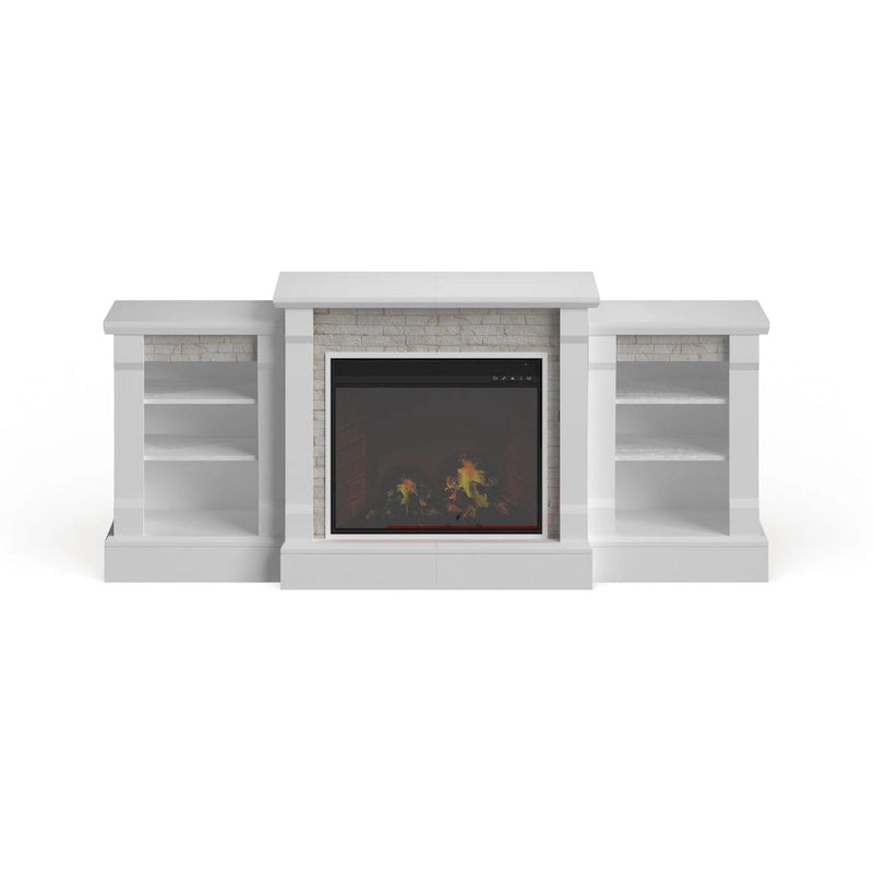 Chimenea eléctrica LED con control remoto, repisa de piedra blanca y almacenamiento