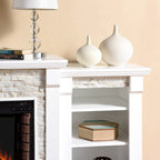 Chimenea eléctrica LED con control remoto, repisa de piedra blanca y almacenamiento
