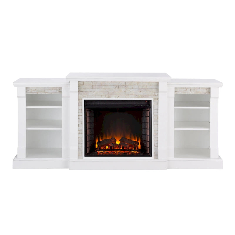 Chimenea eléctrica LED con control remoto, repisa de piedra blanca y almacenamiento