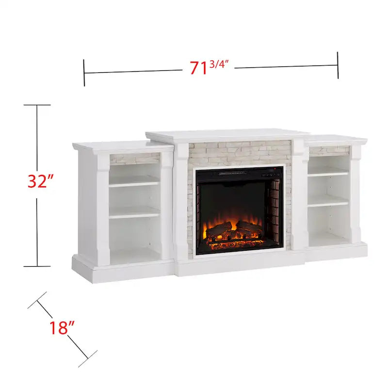 Chimenea eléctrica LED con control remoto, repisa de piedra blanca y almacenamiento