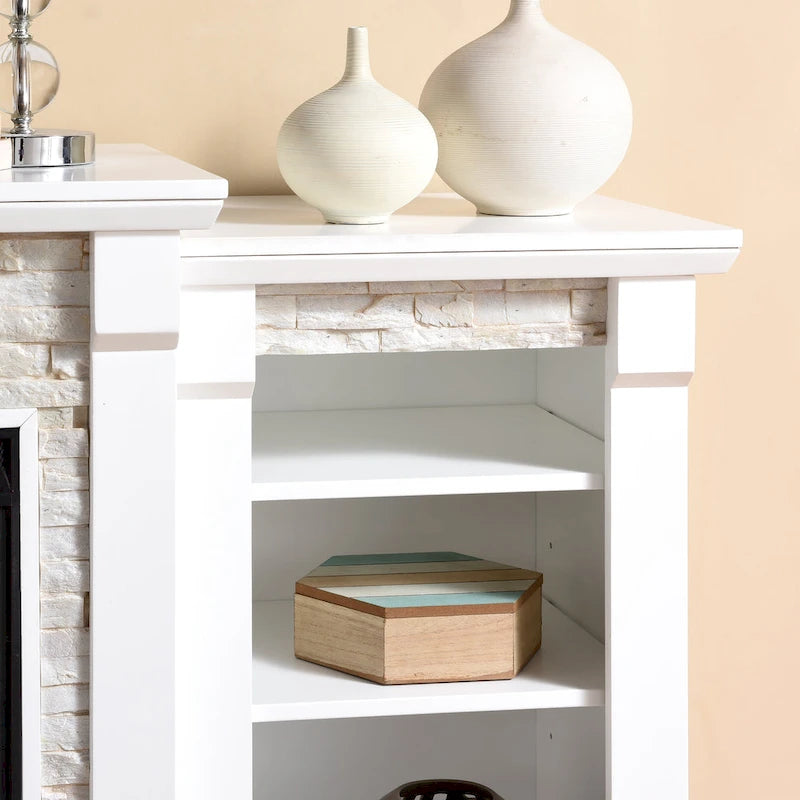 Chimenea eléctrica LED con control remoto, repisa de piedra blanca y almacenamiento
