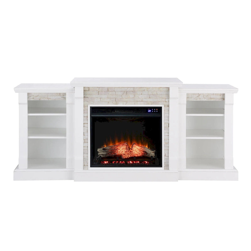 Chimenea eléctrica LED con control remoto, repisa de piedra blanca y almacenamiento