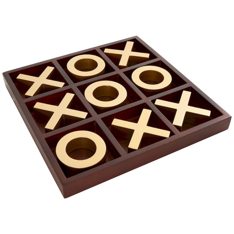 Juego de Tres en Raya de Madera Marrón con Piezas Doradas de X y O
