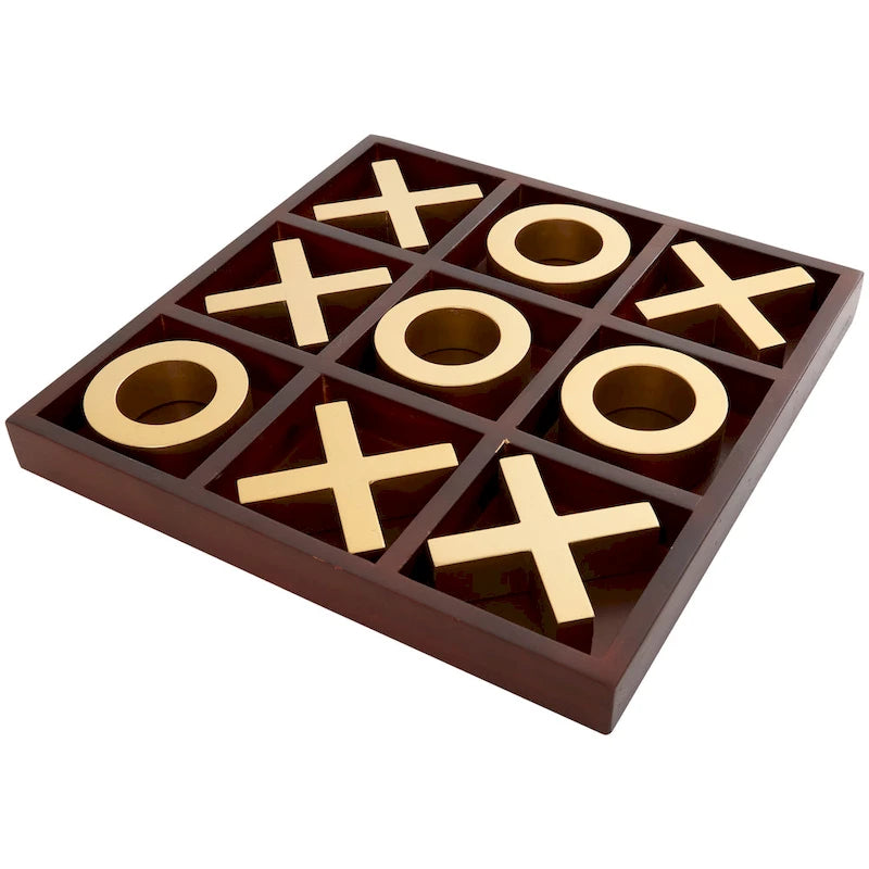 Juego de Tres en Raya de Madera Marrón con Piezas Doradas de X y O