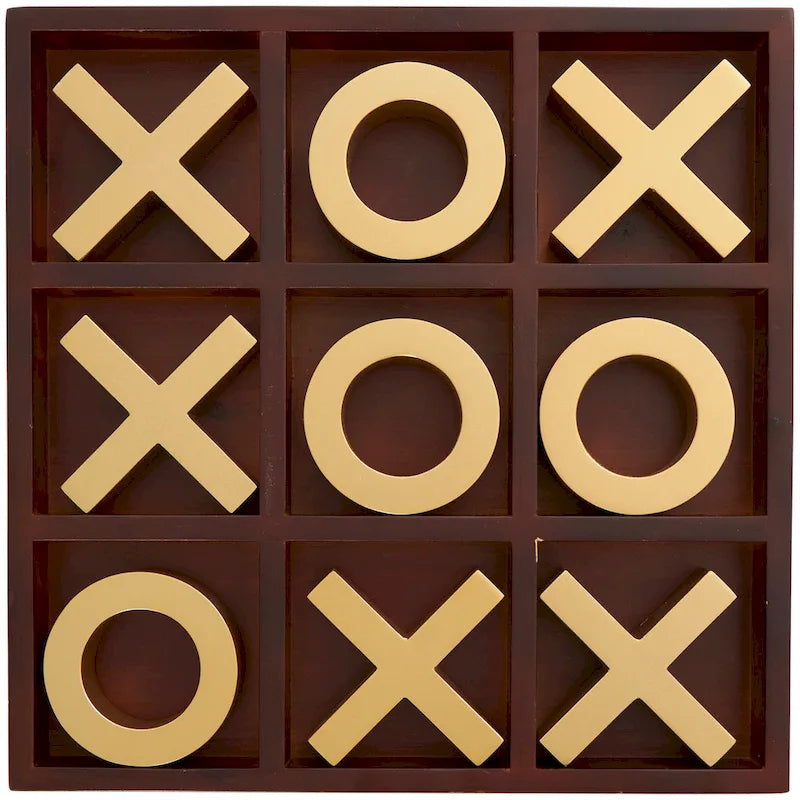 Juego de Tres en Raya de Madera Marrón con Piezas Doradas de X y O