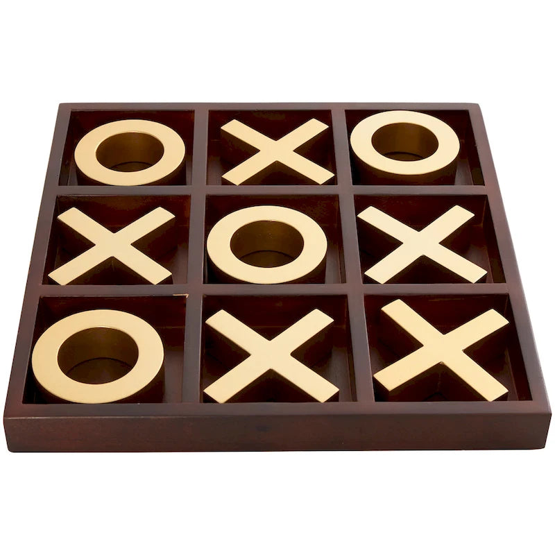 Juego de Tres en Raya de Madera Marrón con Piezas Doradas de X y O