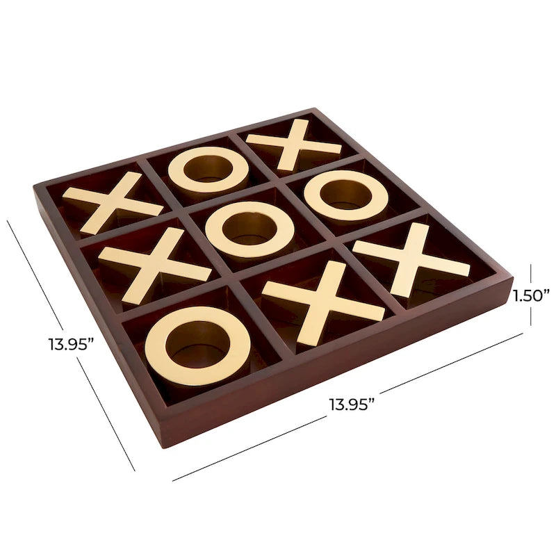 Juego de Tres en Raya de Madera Marrón con Piezas Doradas de X y O
