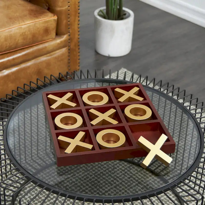 Juego de Tres en Raya de Madera Marrón con Piezas Doradas de X y O