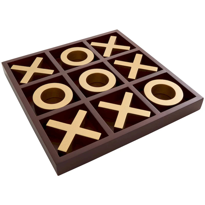 Juego de Tres en Raya de Madera Marrón con Piezas Doradas de X y O