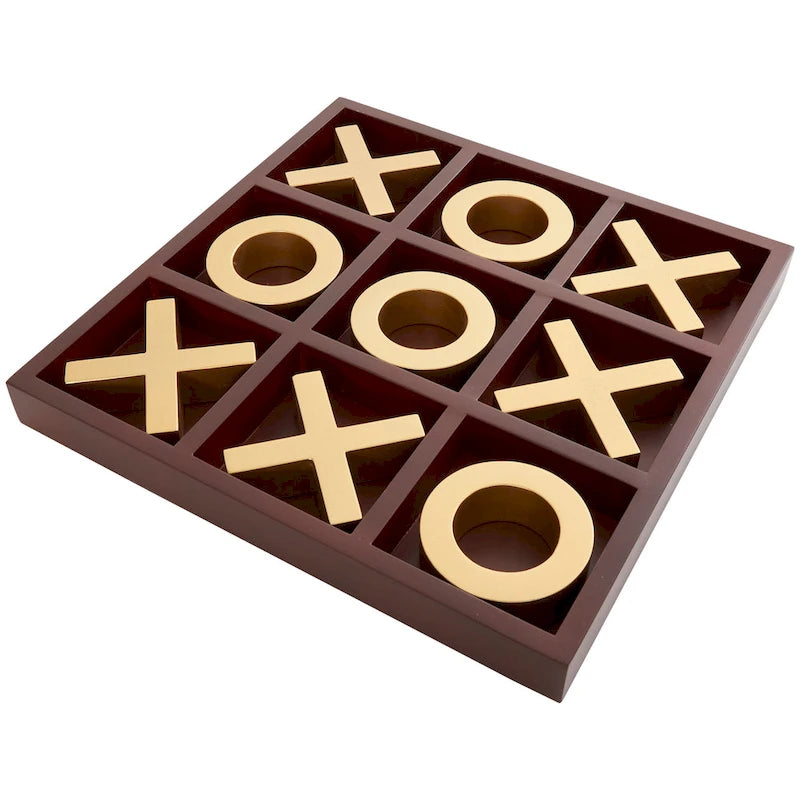 Juego de Tres en Raya de Madera Marrón con Piezas Doradas de X y O