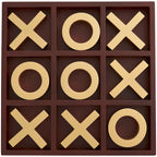 Juego de Tres en Raya de Madera Marrón con Piezas Doradas de X y O