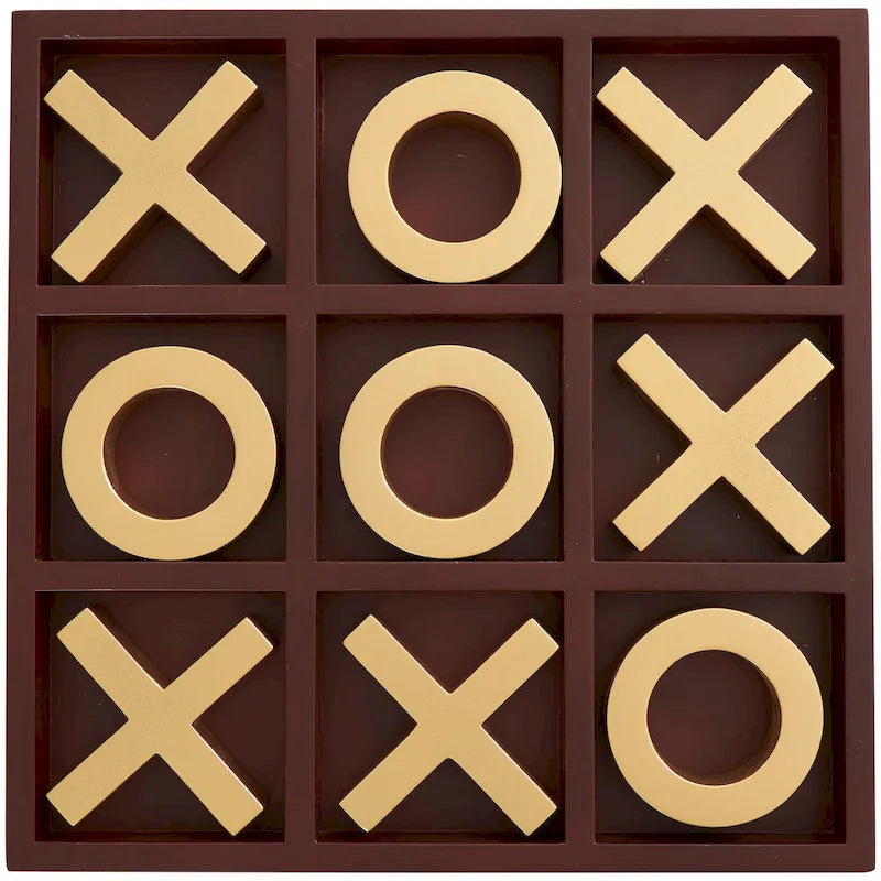 Juego de Tres en Raya de Madera Marrón con Piezas Doradas de X y O