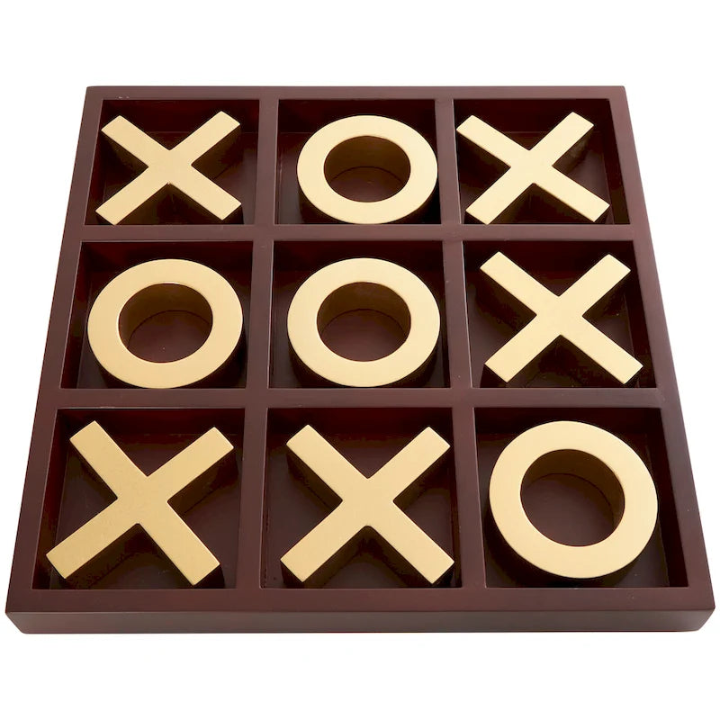 Juego de Tres en Raya de Madera Marrón con Piezas Doradas de X y O