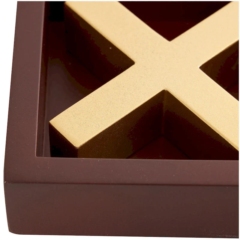 Juego de Tres en Raya de Madera Marrón con Piezas Doradas de X y O