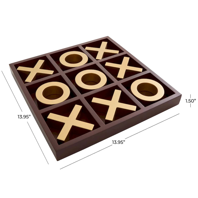 Juego de Tres en Raya de Madera Marrón con Piezas Doradas de X y O