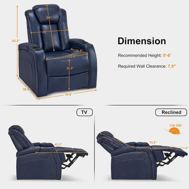 Sillón reclinable eléctrico, butaca de cine en casa con reposacabezas ajustable y mesa auxiliar HTS422
