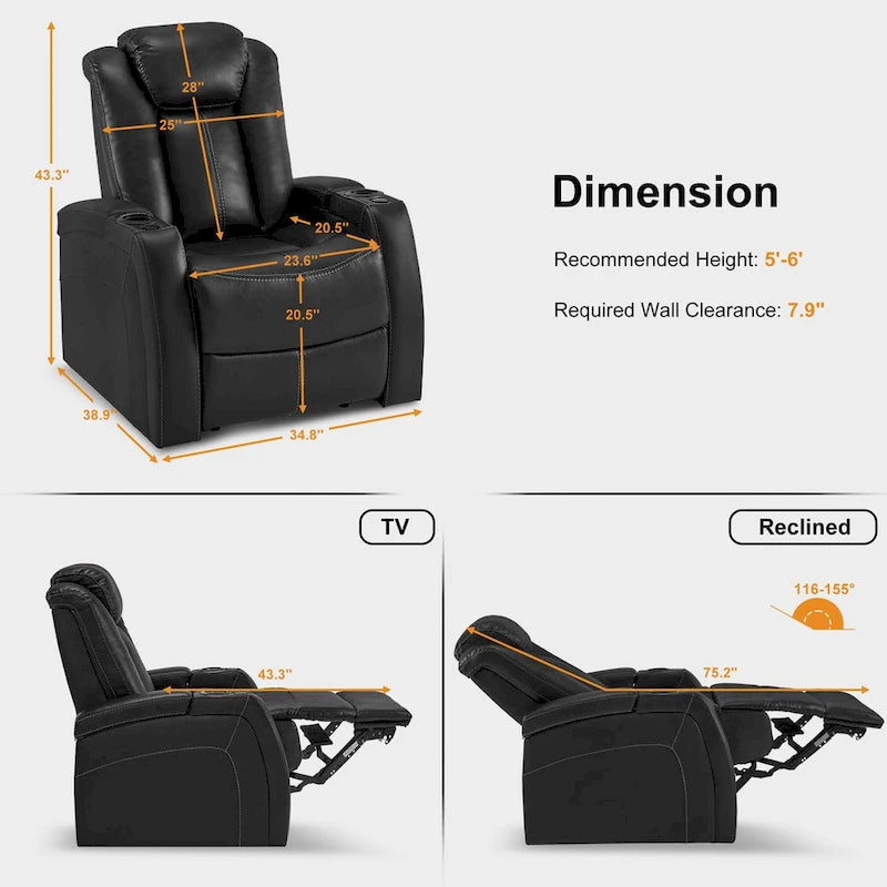 Sillón reclinable eléctrico, butaca de cine en casa con reposacabezas ajustable y mesa auxiliar HTS422