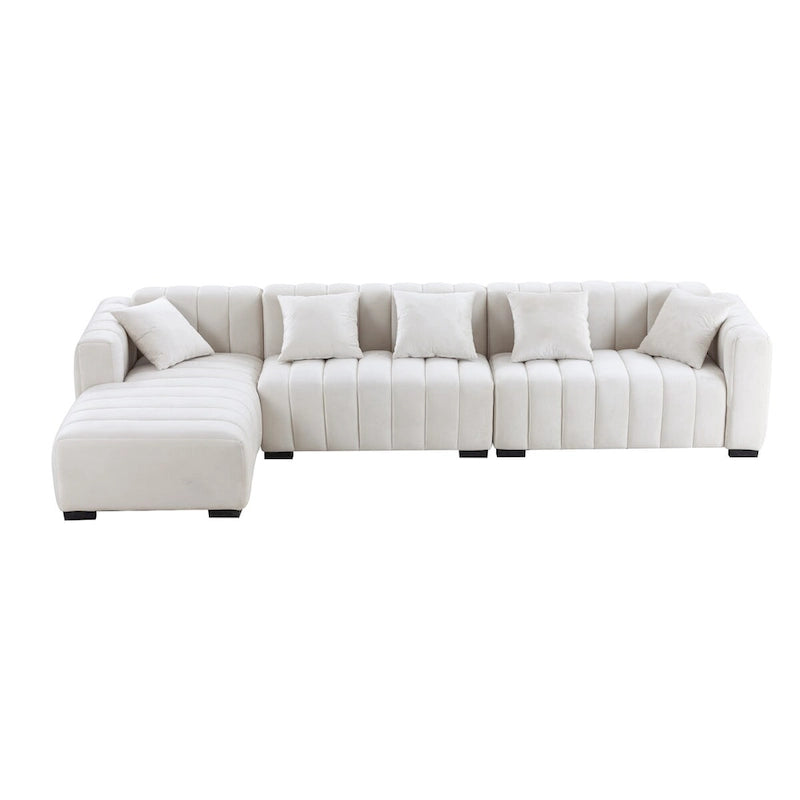 Sofá modular tapizado en terciopelo con capitoné y chaise longue izquierda