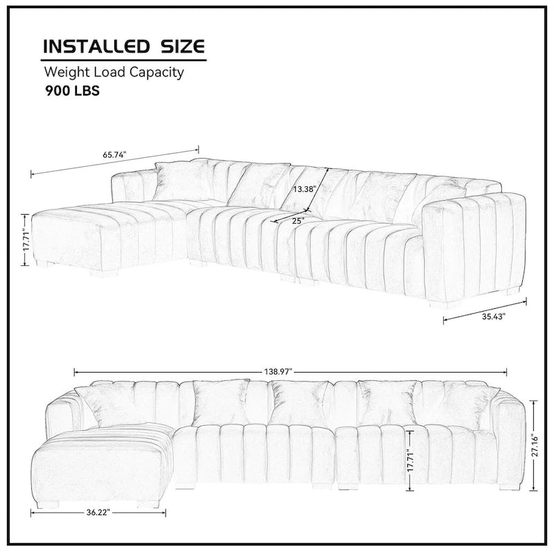 Sofá modular tapizado en terciopelo con capitoné y chaise longue izquierda