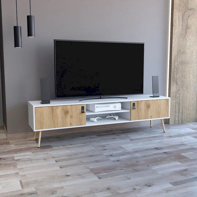 Mueble de TV bicolor con dos armarios y estantes