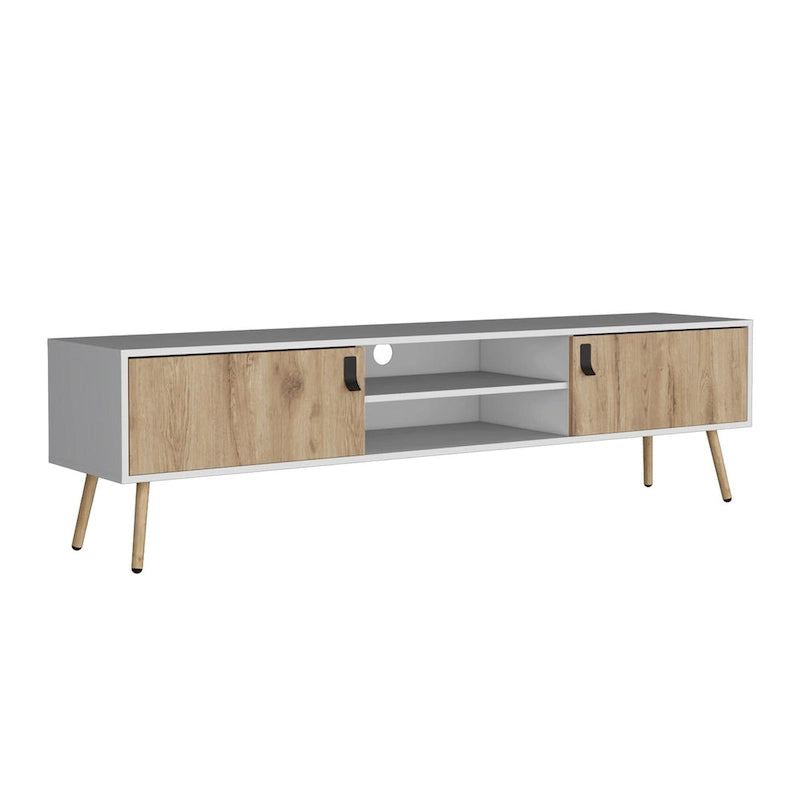 Mueble de TV bicolor con dos armarios y estantes