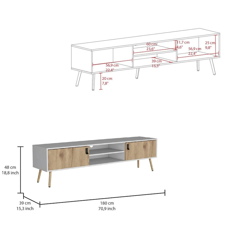 Mueble de TV bicolor con dos armarios y estantes