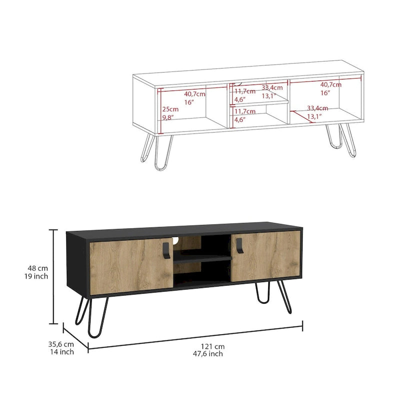 Mueble de TV bicolor con dos armarios y estantes