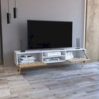 Mueble de TV bicolor con dos armarios y estantes