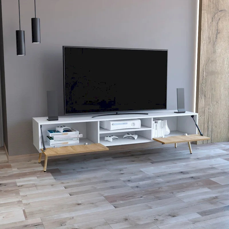Mueble de TV bicolor con dos armarios y estantes