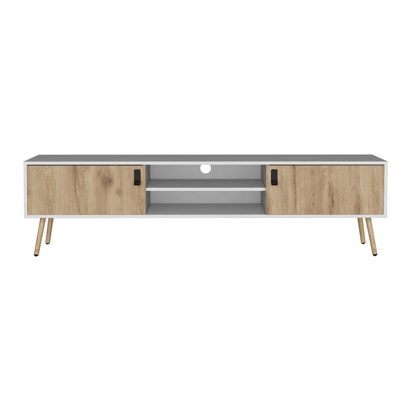 Mueble de TV bicolor con dos armarios y estantes