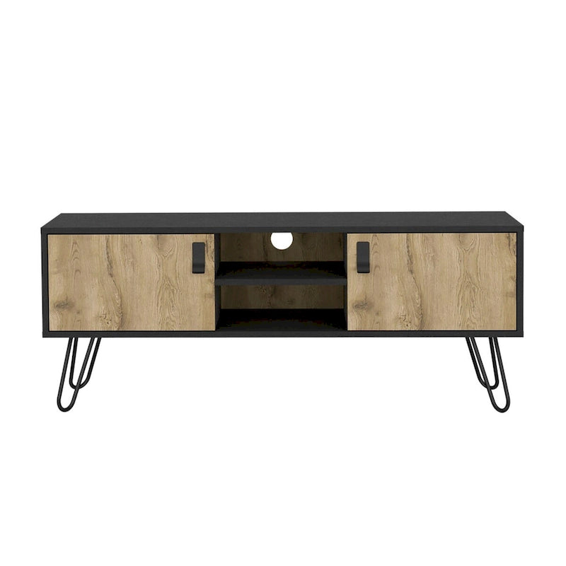 Mueble de TV bicolor con dos armarios y estantes