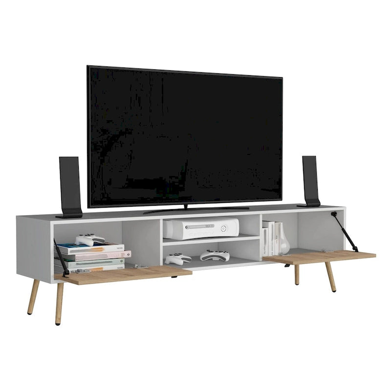 Mueble de TV bicolor con dos armarios y estantes