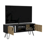 Mueble de TV bicolor con dos armarios y estantes