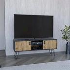 Mueble de TV bicolor con dos armarios y estantes