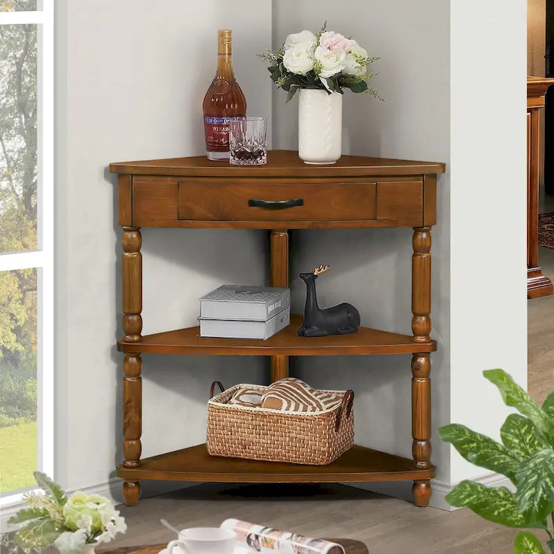Mesa auxiliar esquinera triangular de madera para sala de estar en espacios pequeños