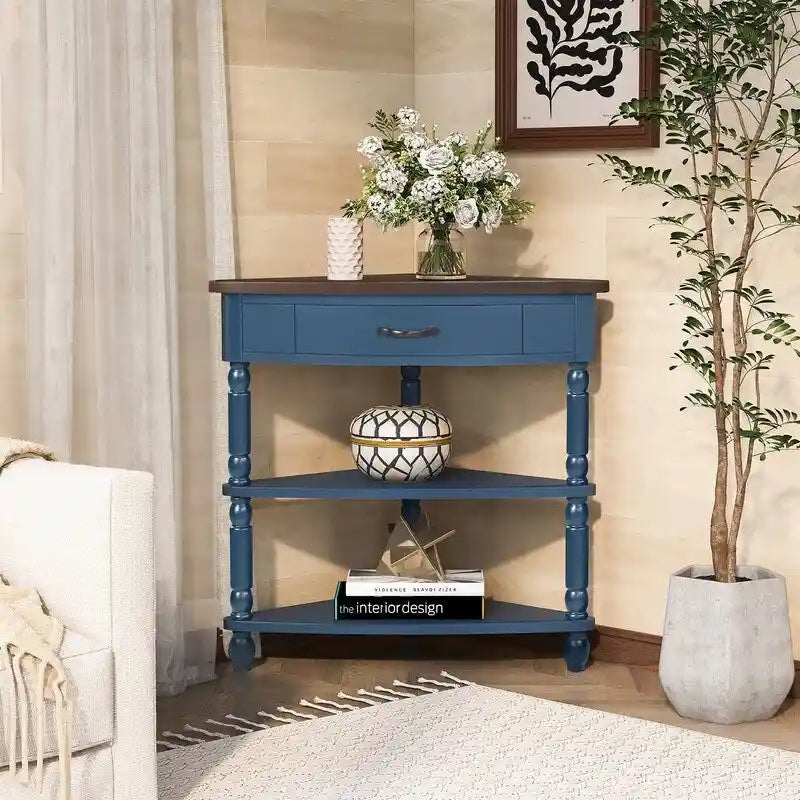Mesa auxiliar esquinera triangular de madera para sala de estar en espacios pequeños