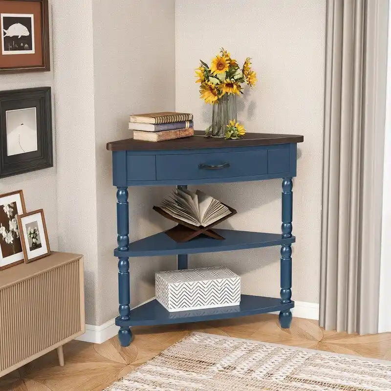 Mesa auxiliar esquinera triangular de madera para sala de estar en espacios pequeños