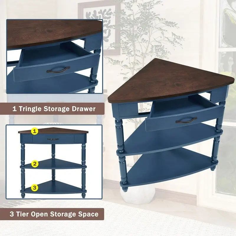 Mesa auxiliar esquinera triangular de madera para sala de estar en espacios pequeños