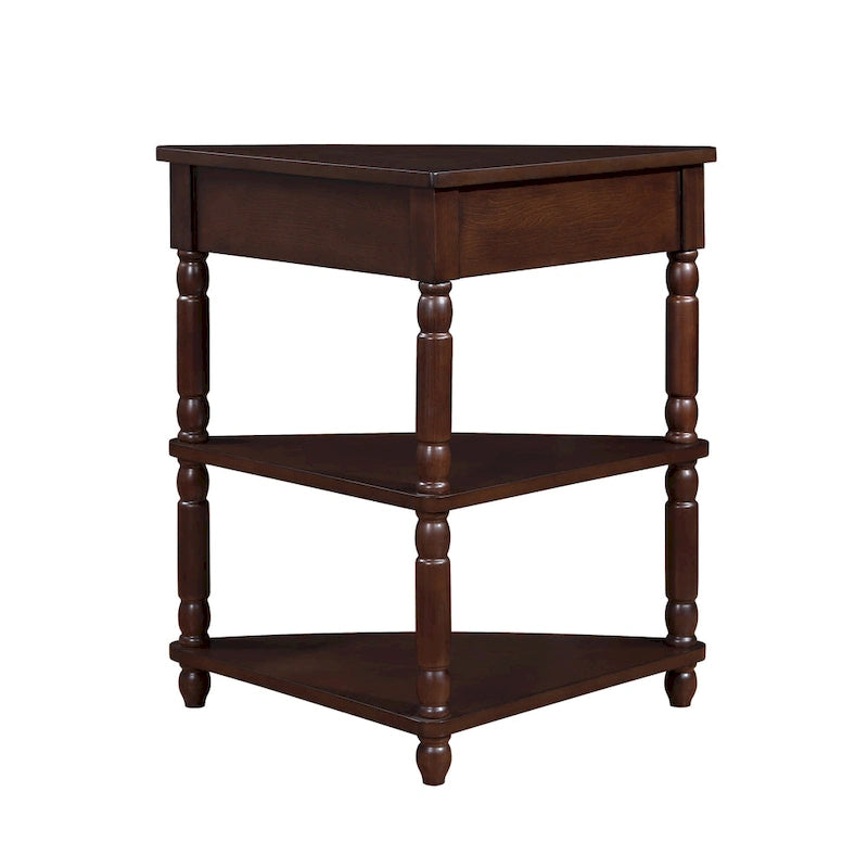Mesa auxiliar esquinera triangular de madera para sala de estar en espacios pequeños